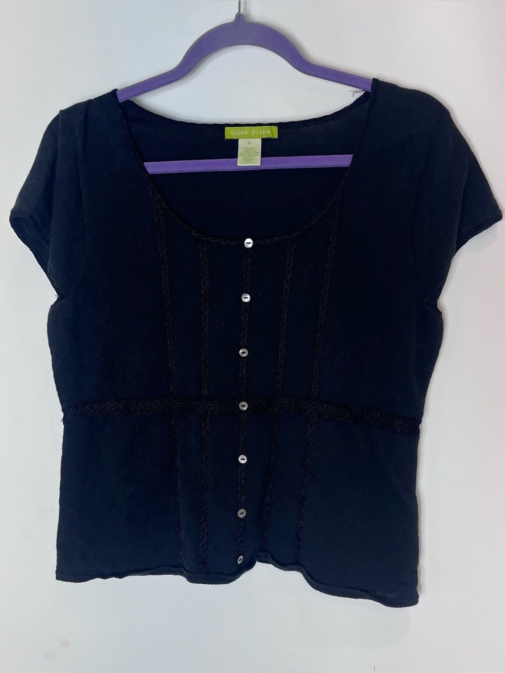 Sigrid Olsen Black Short Sleeve Blouse XL Cotton Cottagecore Goth Lagenlook